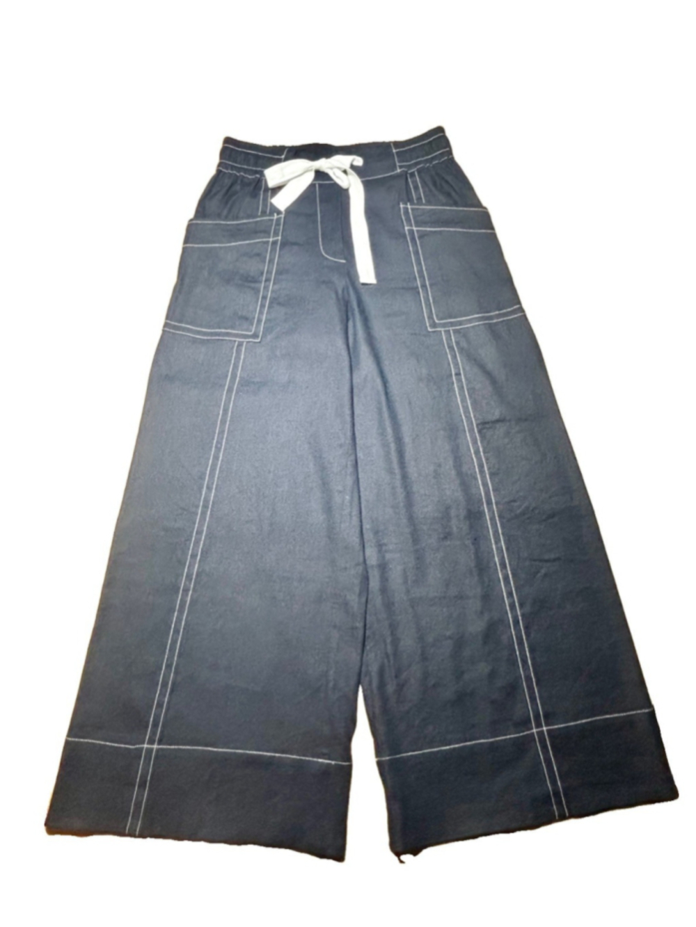 Maeve Anthropologie La Ponche Navy Linen Blend Wide Leg Drawstring Pants Small - Picture 5 of 11